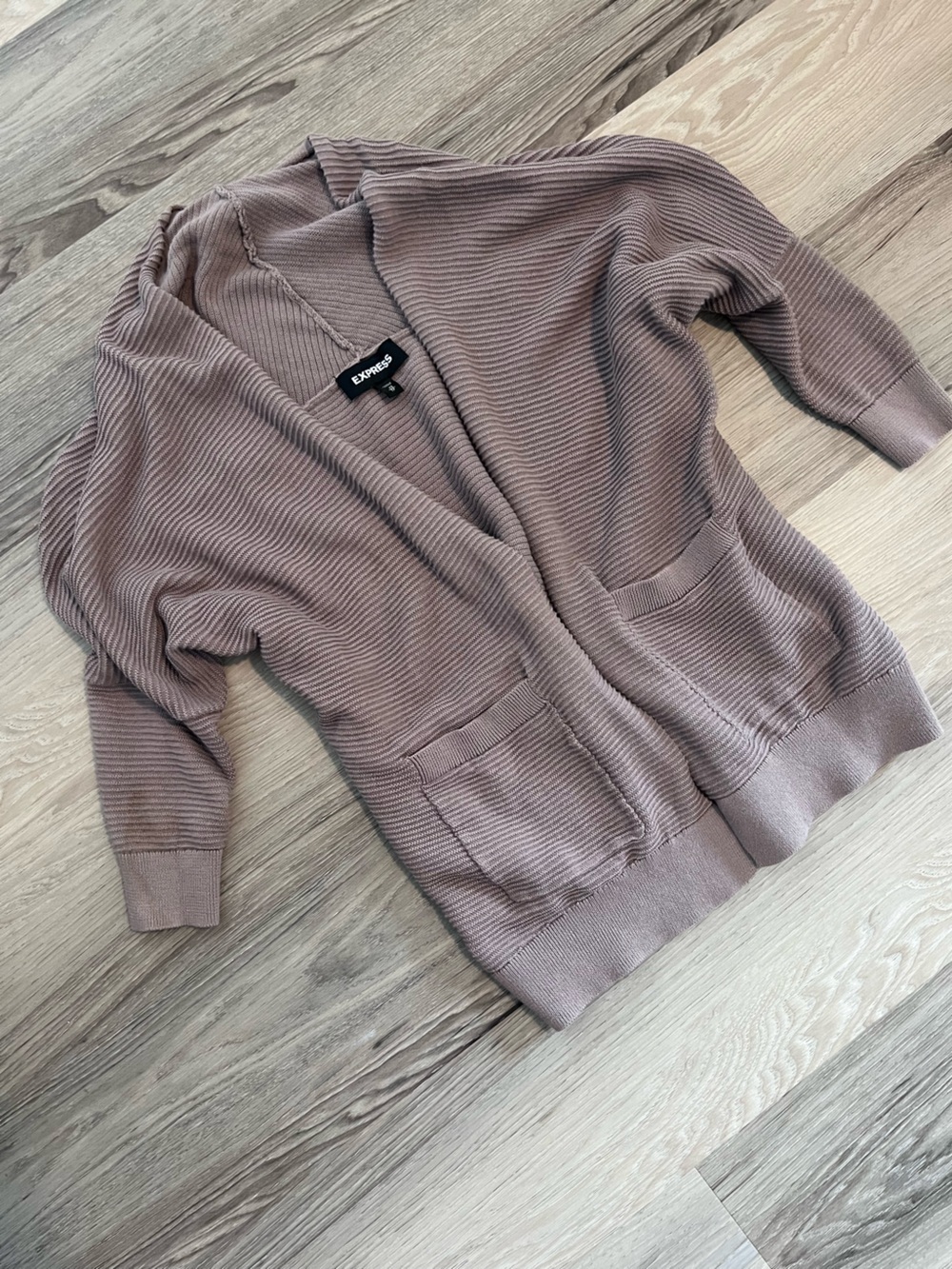 Express Ribbed Open-Front Cardigan in Mauve-Taupe